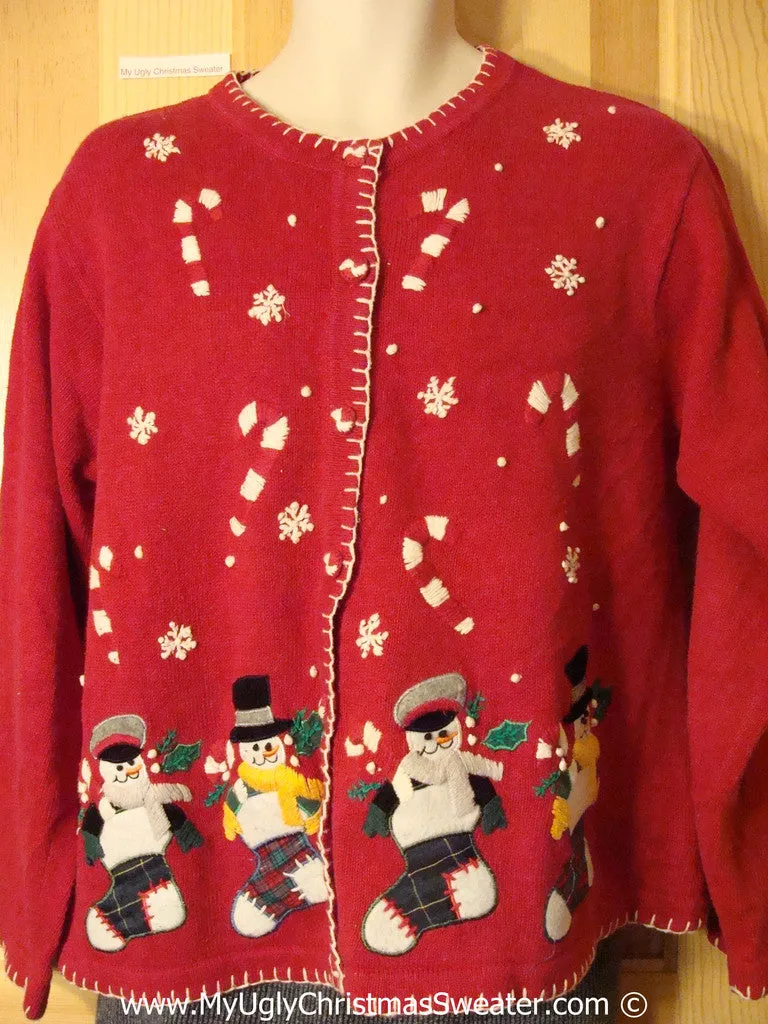 Tacky Red Cheesy Holiday Sweater with Snowman Friends in Plaid Stockings with Floating Candycanes and Snowflakes (f1141)