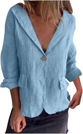 TANGNADE Linen Blazer Women Lightweight Casual Long Sleeve Spring Summer Jackets One Button Lapel Suit Blazer