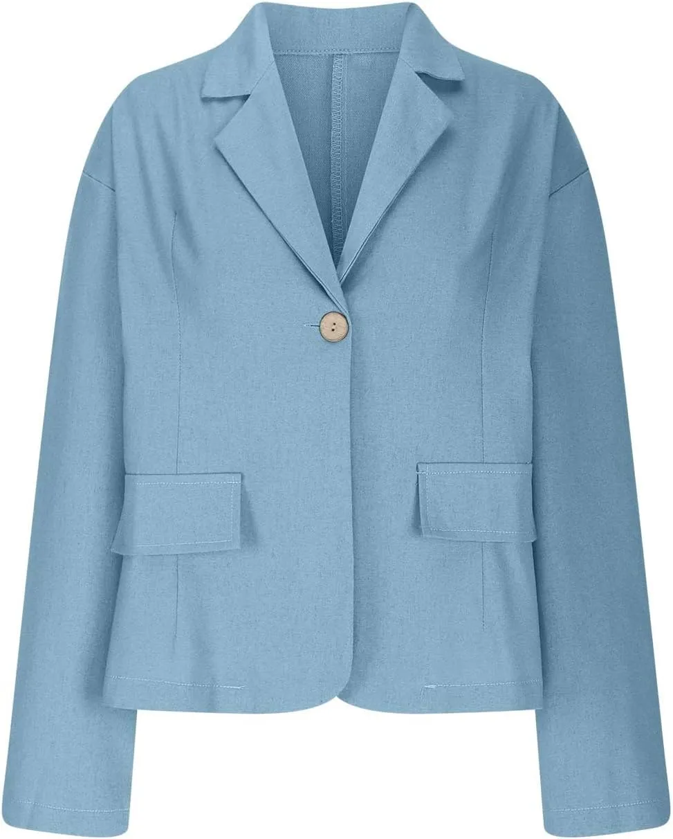 TANGNADE Linen Blazer Women Lightweight Casual Long Sleeve Spring Summer Jackets One Button Lapel Suit Blazer