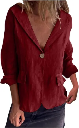 TANGNADE Linen Blazer Women Lightweight Casual Long Sleeve Spring Summer Jackets One Button Lapel Suit Blazer