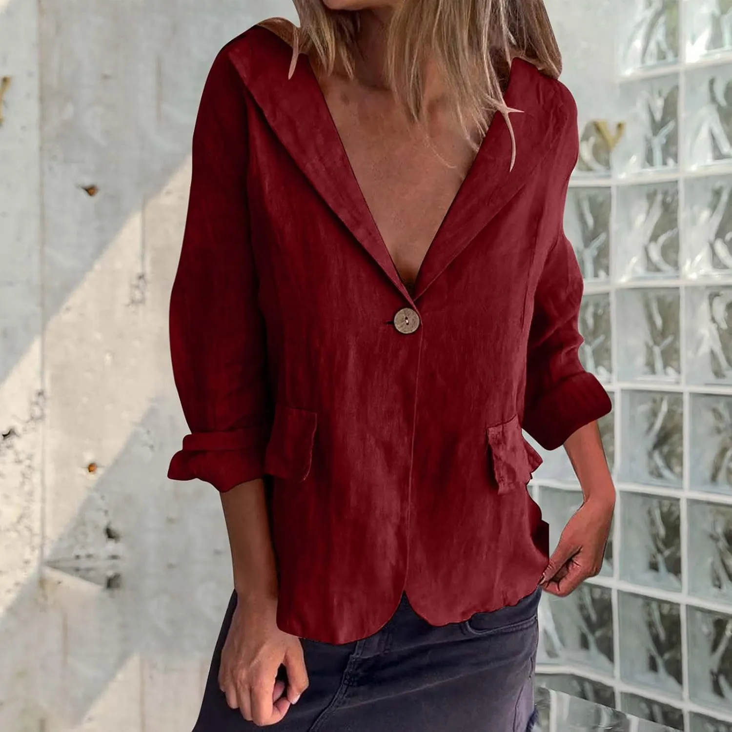 TANGNADE Linen Blazer Women Lightweight Casual Long Sleeve Spring Summer Jackets One Button Lapel Suit Blazer