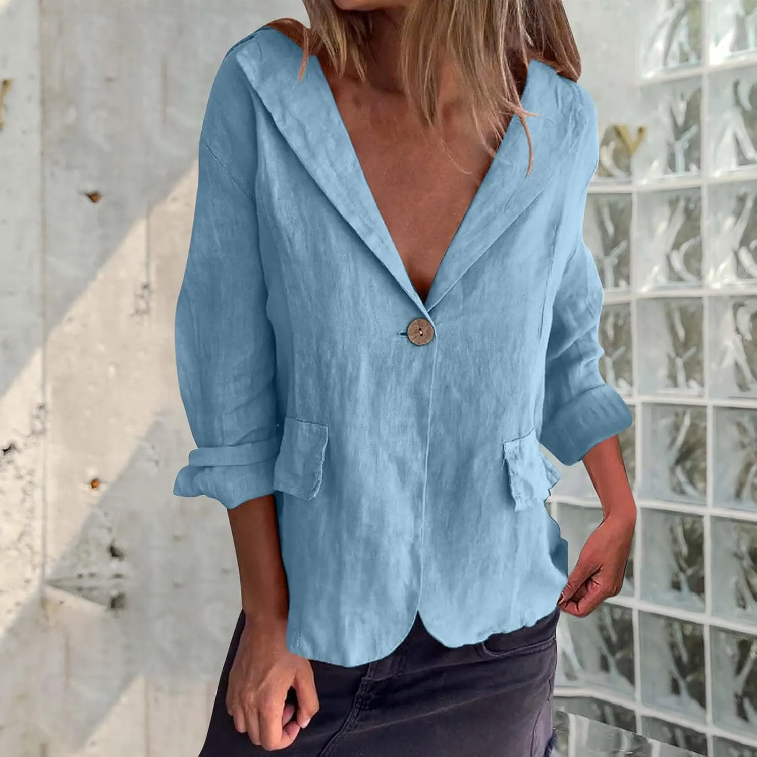 TANGNADE Linen Blazer Women Lightweight Casual Long Sleeve Spring Summer Jackets One Button Lapel Suit Blazer