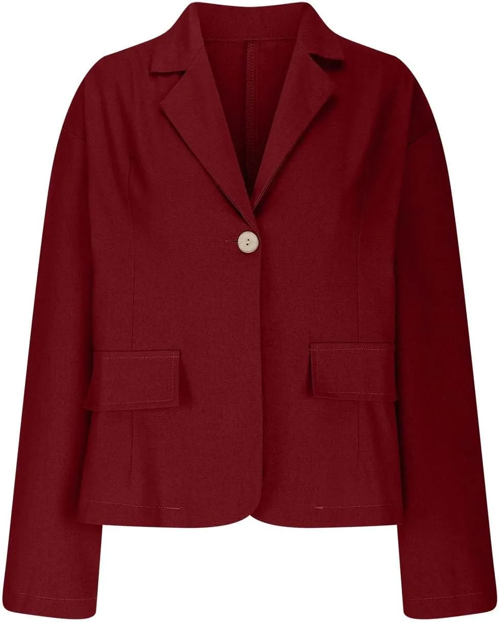 TANGNADE Linen Blazer Women Lightweight Casual Long Sleeve Spring Summer Jackets One Button Lapel Suit Blazer