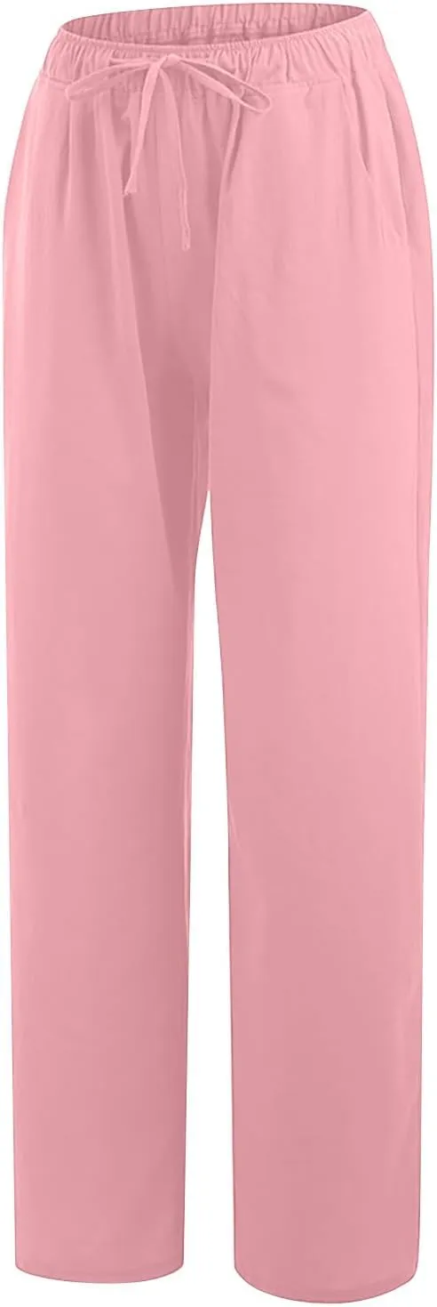 Women Linen Pants Wide Leg High Wasited Drawstring Beach Pants with Pockets Casual Loose Summer Lounge Pant