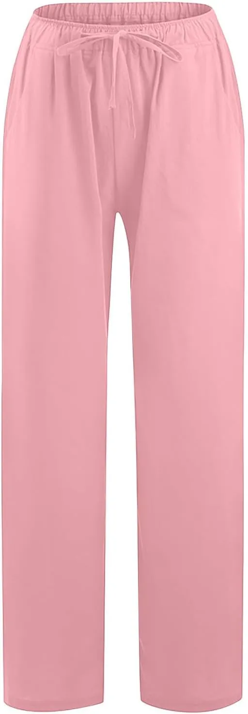 Women Linen Pants Wide Leg High Wasited Drawstring Beach Pants with Pockets Casual Loose Summer Lounge Pant