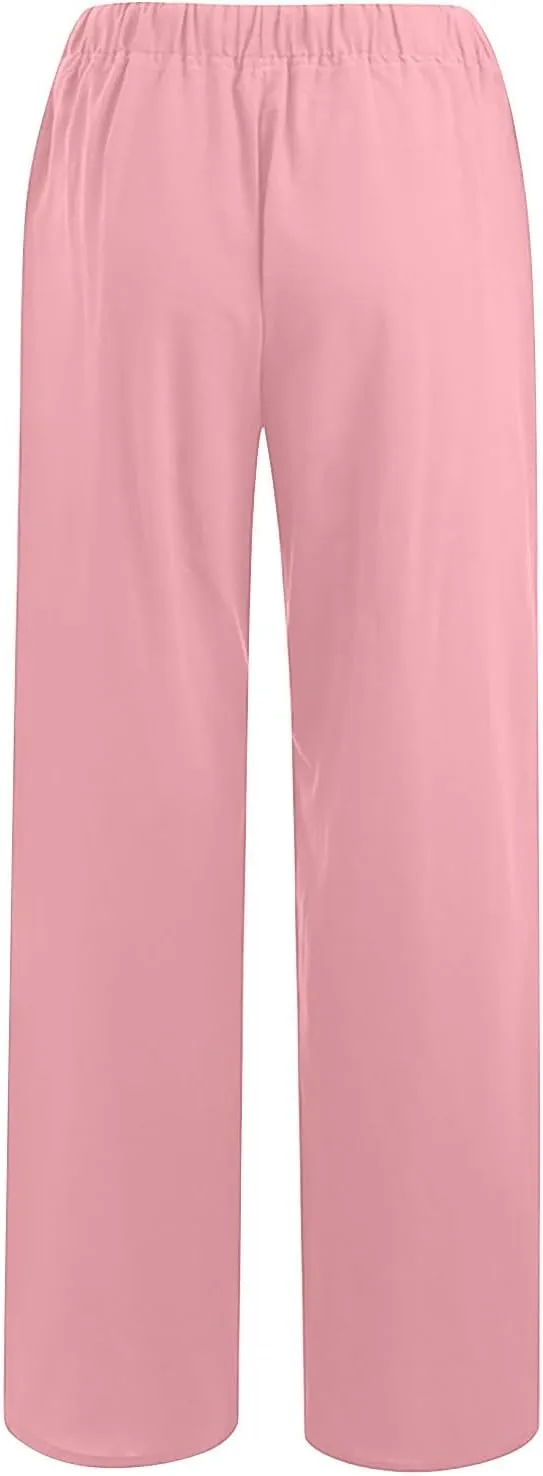 Women Linen Pants Wide Leg High Wasited Drawstring Beach Pants with Pockets Casual Loose Summer Lounge Pant
