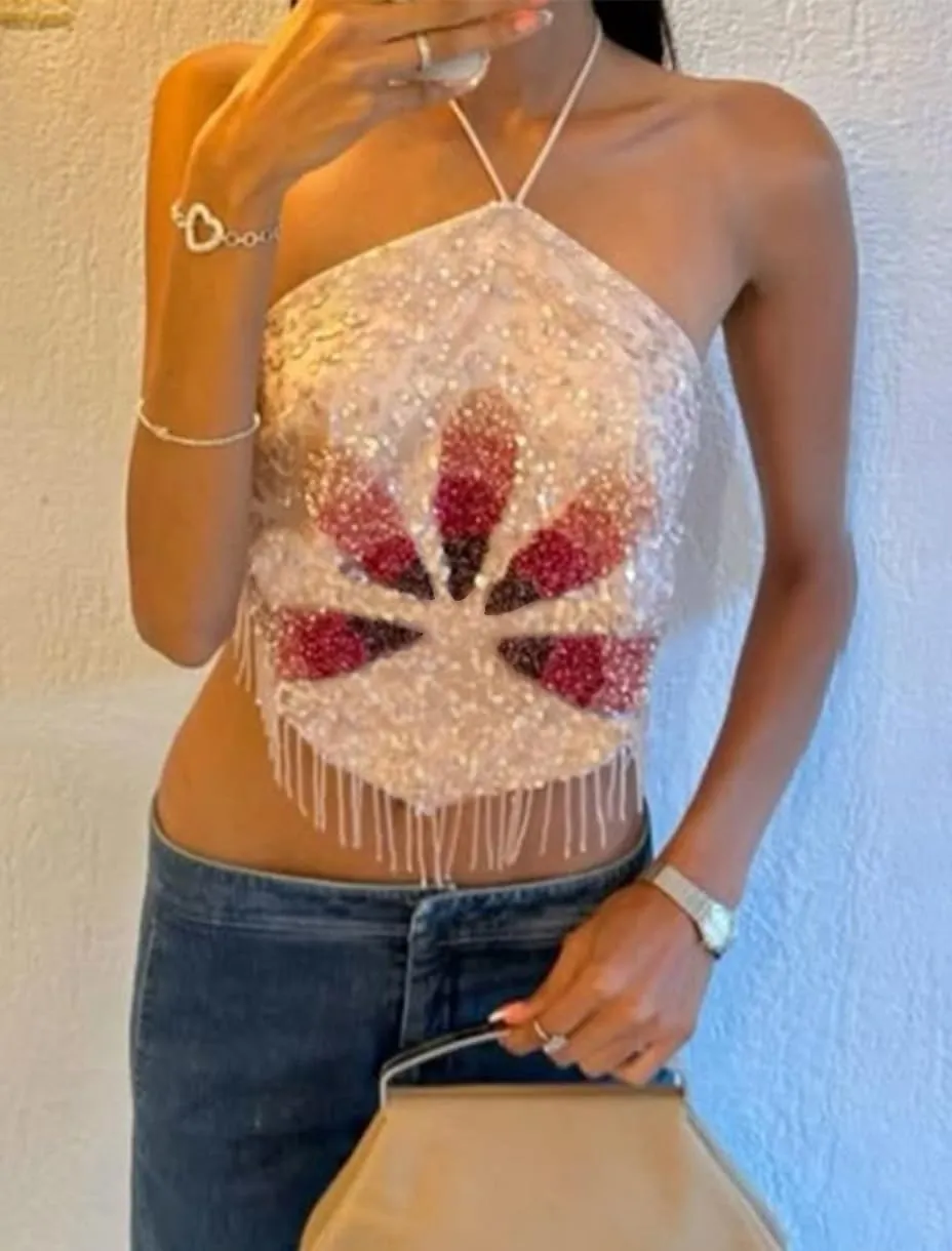 Women Sequin Halter Cami Top Sleeveless Beaded Rhinestone Sparkly Tanks Y2k Shiny Glitter Backless Party Crop Tops