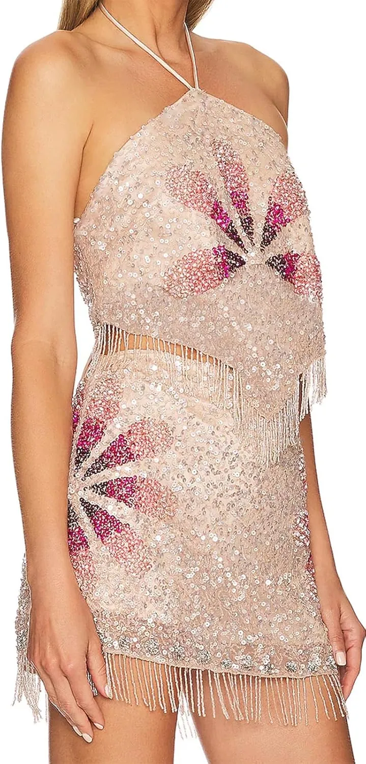 Women Sequin Halter Cami Top Sleeveless Beaded Rhinestone Sparkly Tanks Y2k Shiny Glitter Backless Party Crop Tops