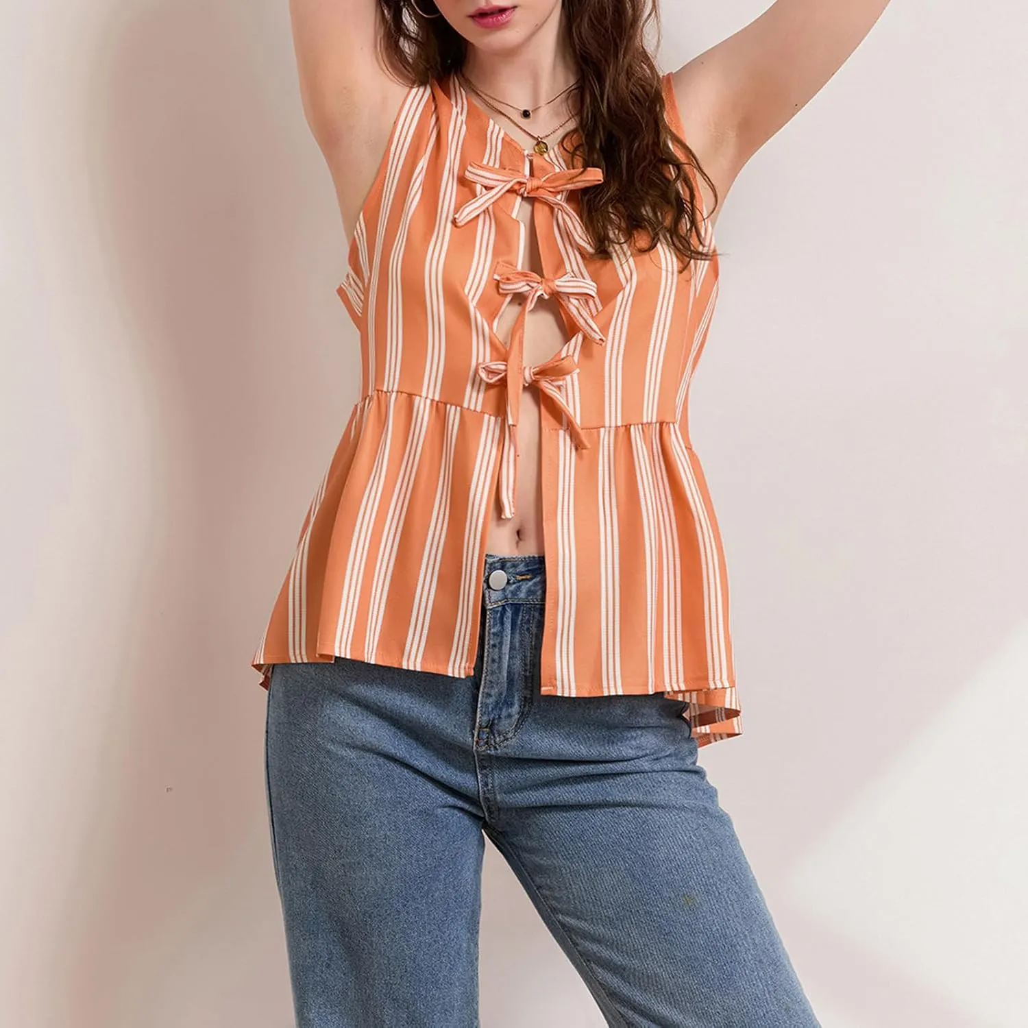 Women Striped Tie Front Top Y2k Sleeveless Bow Knot Ruffle Hem Peplum Vest Summer Cute Babydoll Going Out Top
