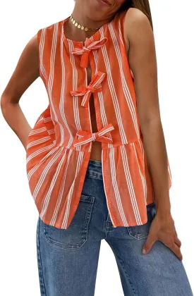 Women Striped Tie Front Top Y2k Sleeveless Bow Knot Ruffle Hem Peplum Vest Summer Cute Babydoll Going Out Top