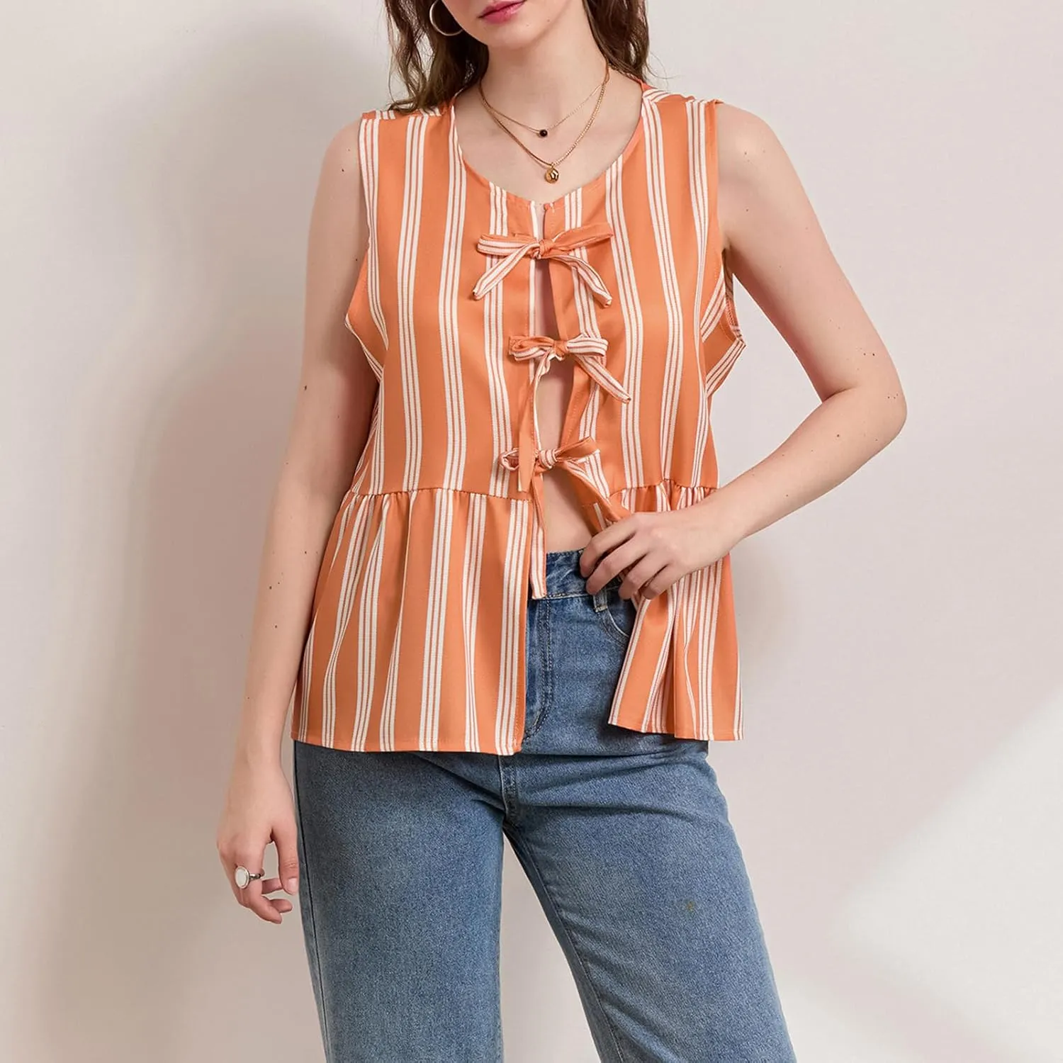 Women Striped Tie Front Top Y2k Sleeveless Bow Knot Ruffle Hem Peplum Vest Summer Cute Babydoll Going Out Top