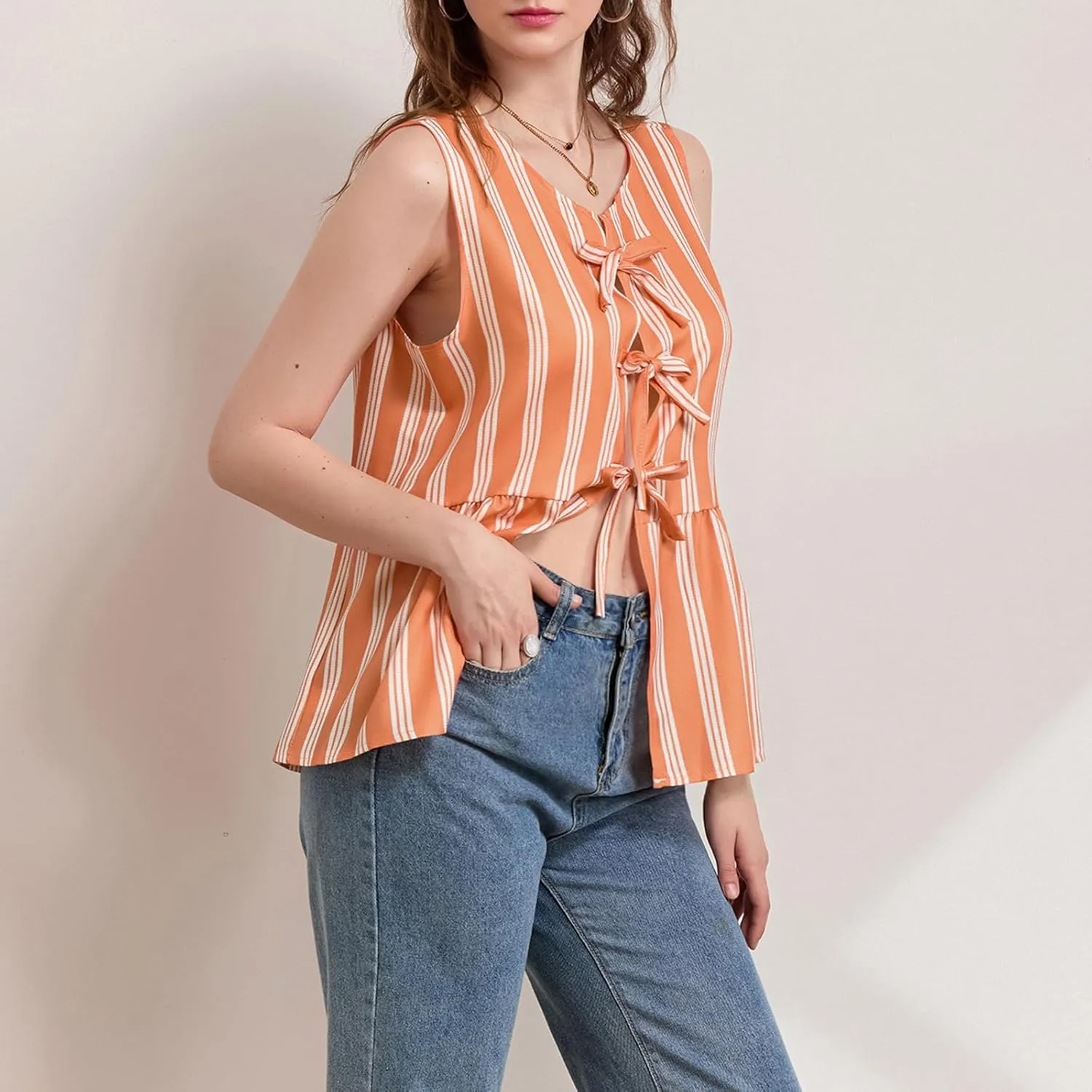 Women Striped Tie Front Top Y2k Sleeveless Bow Knot Ruffle Hem Peplum Vest Summer Cute Babydoll Going Out Top