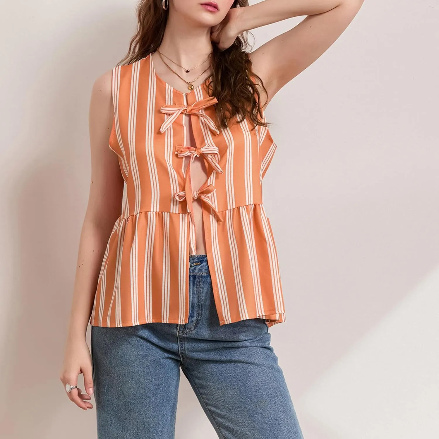 Women Striped Tie Front Top Y2k Sleeveless Bow Knot Ruffle Hem Peplum Vest Summer Cute Babydoll Going Out Top