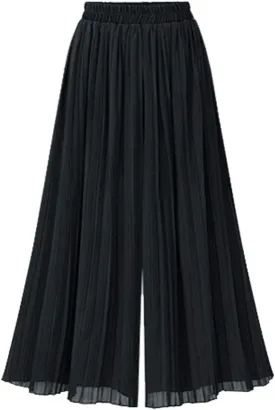 Women's Elastic Waist Pleated Chiffon Culottes Cropped Wide Leg Flowy Pants