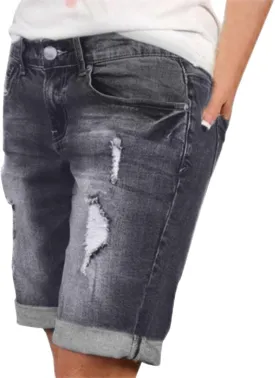 Womens Jean Shorts Ripped High Rise Denim Shorts Stretchy Cuffed Hem Short Jean Distressed Casual Jean Shorts Golf Bermuda
