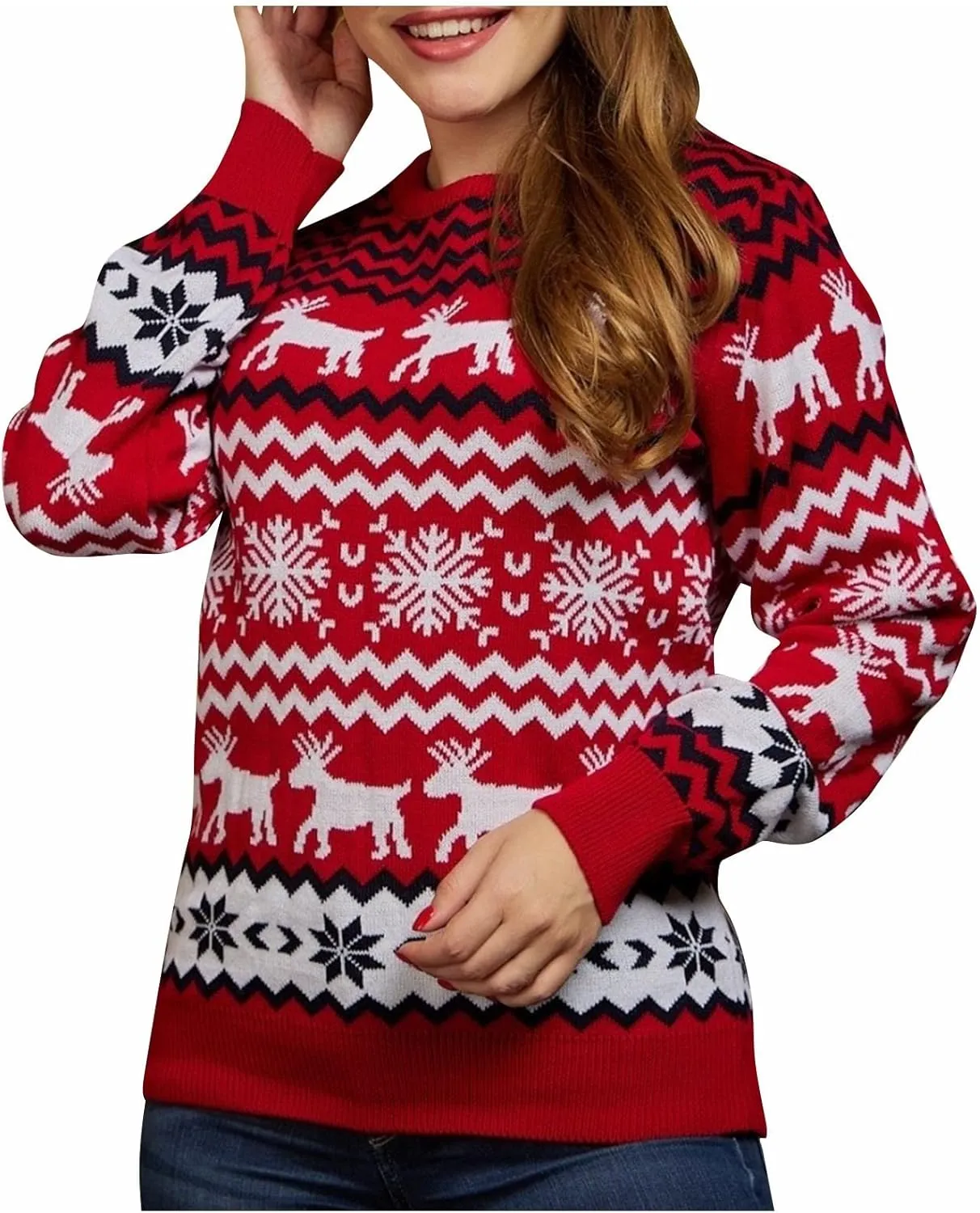 Women's Petite Small Animal Print Religion Themed Round Neck Long Sleeve Knit Pullover Sweater