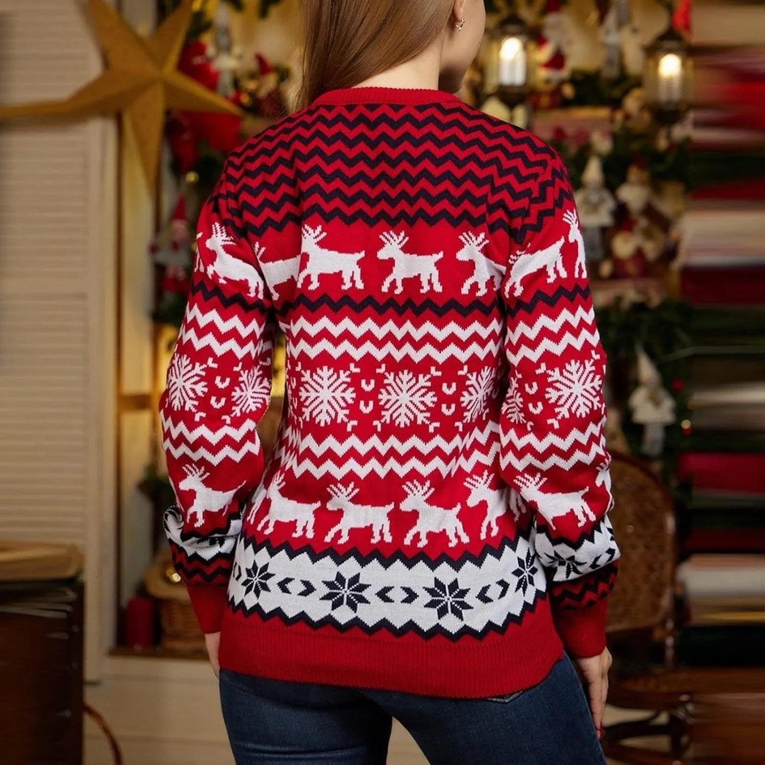 Women's Petite Small Animal Print Religion Themed Round Neck Long Sleeve Knit Pullover Sweater