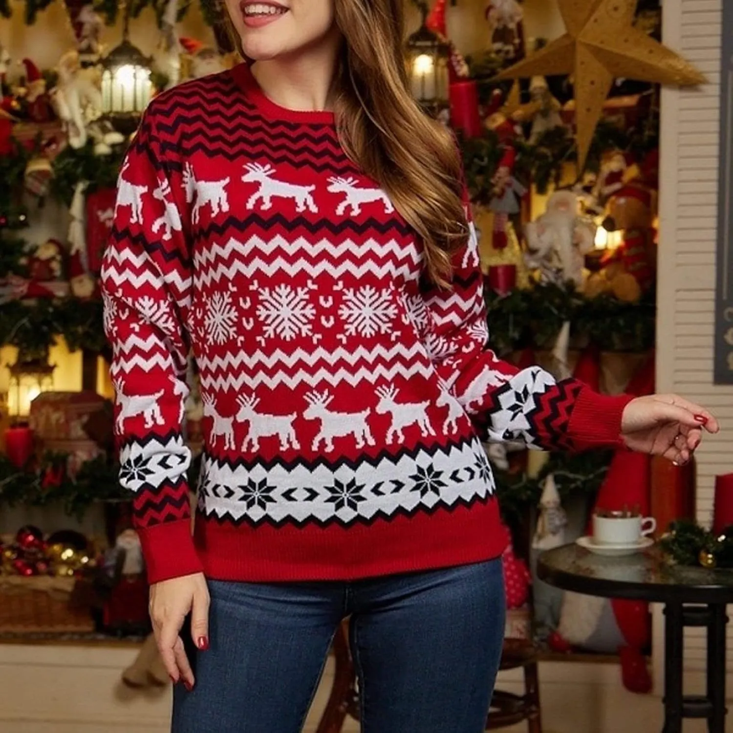 Women's Petite Small Animal Print Religion Themed Round Neck Long Sleeve Knit Pullover Sweater