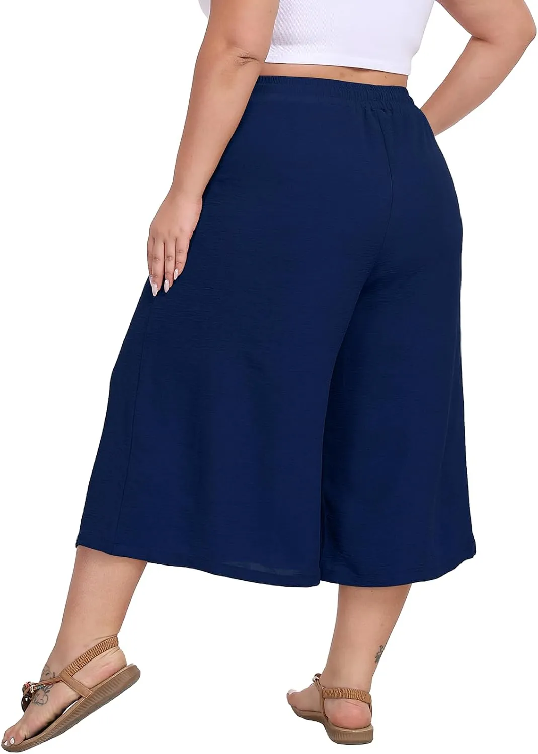 Women's Plus Size Capri Culottes Pants High Waisted Wide Leg Palazzo Trousers with Pockets for Summer Casual Wear