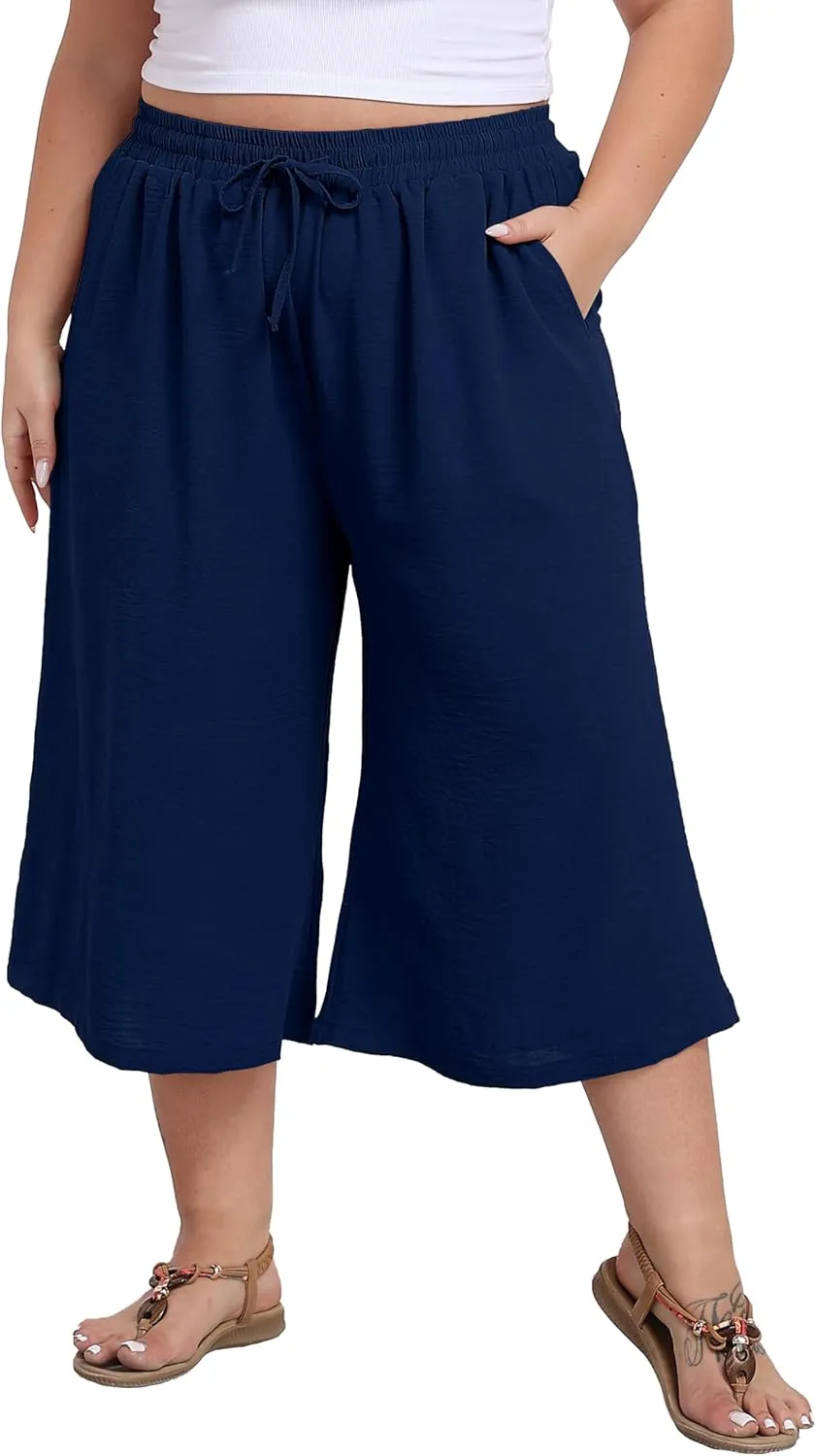 Women's Plus Size Capri Culottes Pants High Waisted Wide Leg Palazzo Trousers with Pockets for Summer Casual Wear