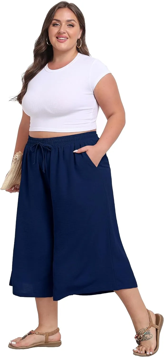Women's Plus Size Capri Culottes Pants High Waisted Wide Leg Palazzo Trousers with Pockets for Summer Casual Wear