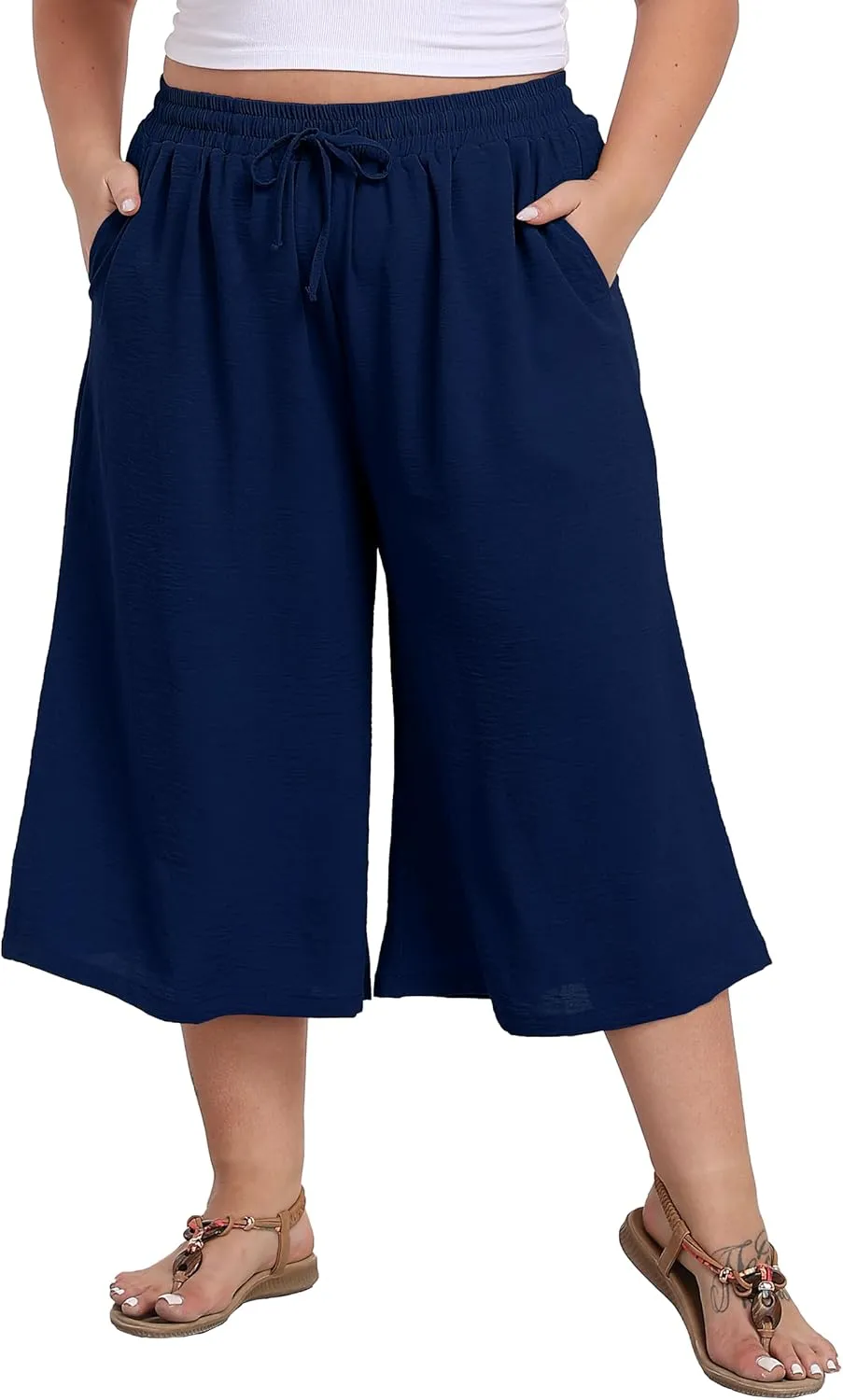 Women's Plus Size Capri Culottes Pants High Waisted Wide Leg Palazzo Trousers with Pockets for Summer Casual Wear