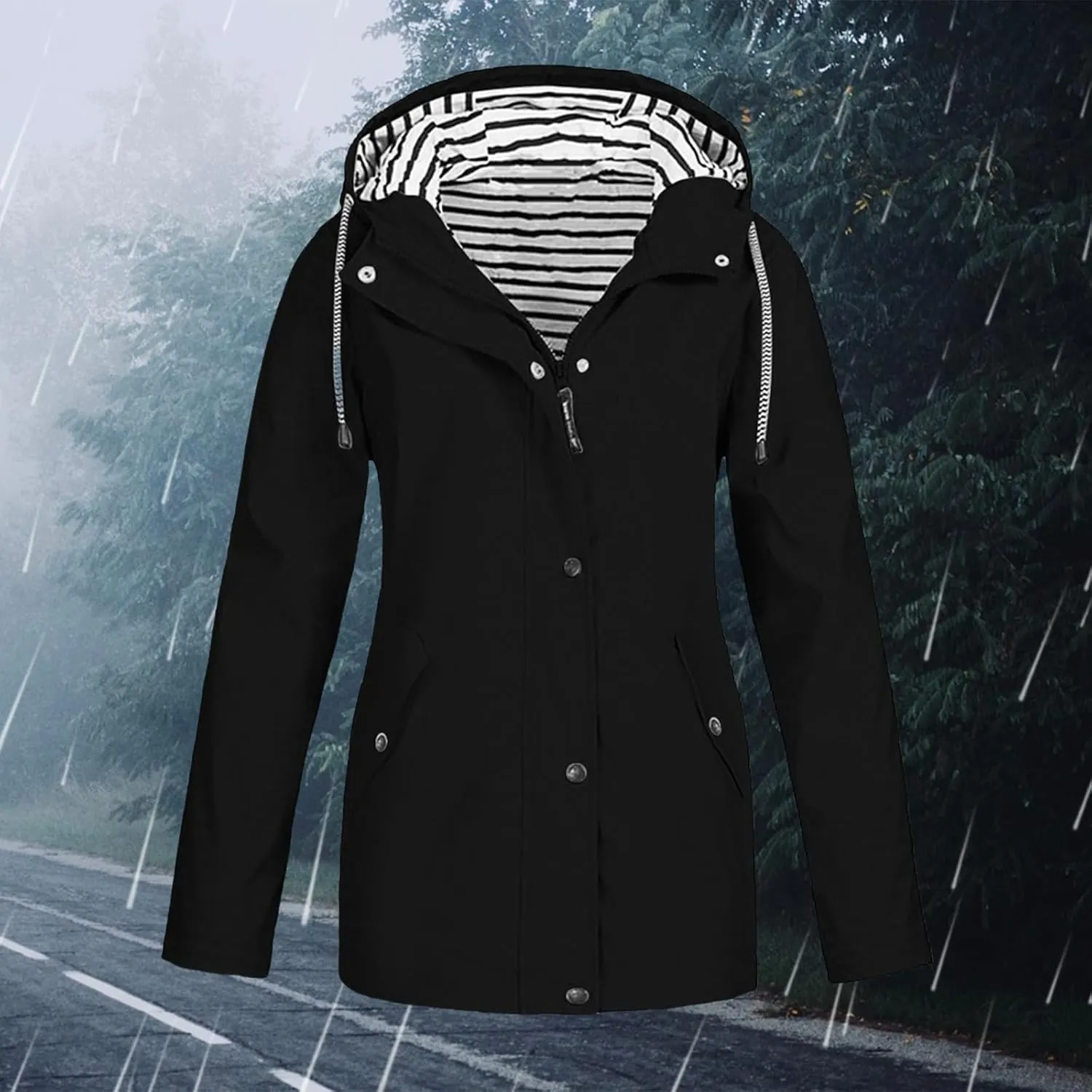 Womens Rain Jacket with Hood Raincoat Windbreaker Waterproof Long Hooded Trench Coats Spring Jackets for Women