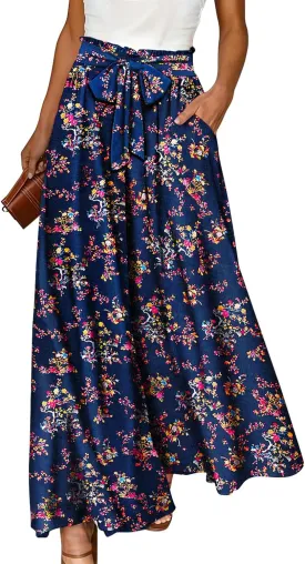 YESNO Women Wide Leg Pants High Waisted Floral Boho Palazzo Culottes Casual Flowy Tie Knot Trousers with Pockets PPS