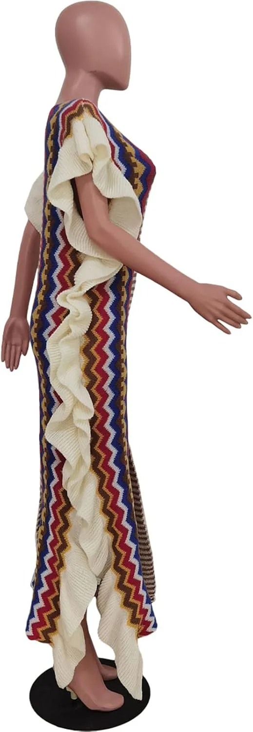 YOOTIKO Women Cable Knit Sweater Dress Sexy Slit Ruffle Striped Crochet Fall Casual Party Maxi Dress