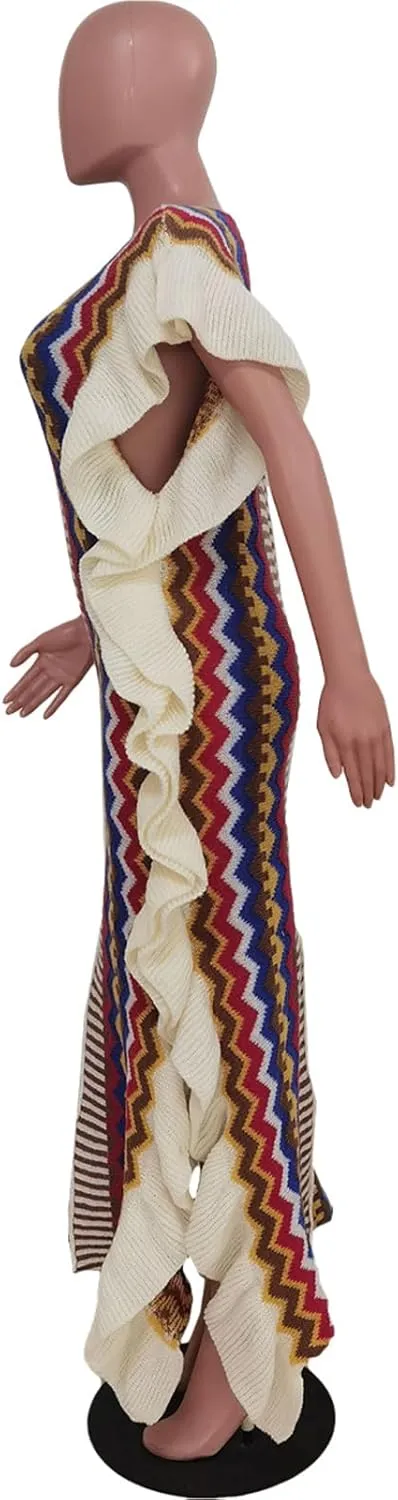 YOOTIKO Women Cable Knit Sweater Dress Sexy Slit Ruffle Striped Crochet Fall Casual Party Maxi Dress