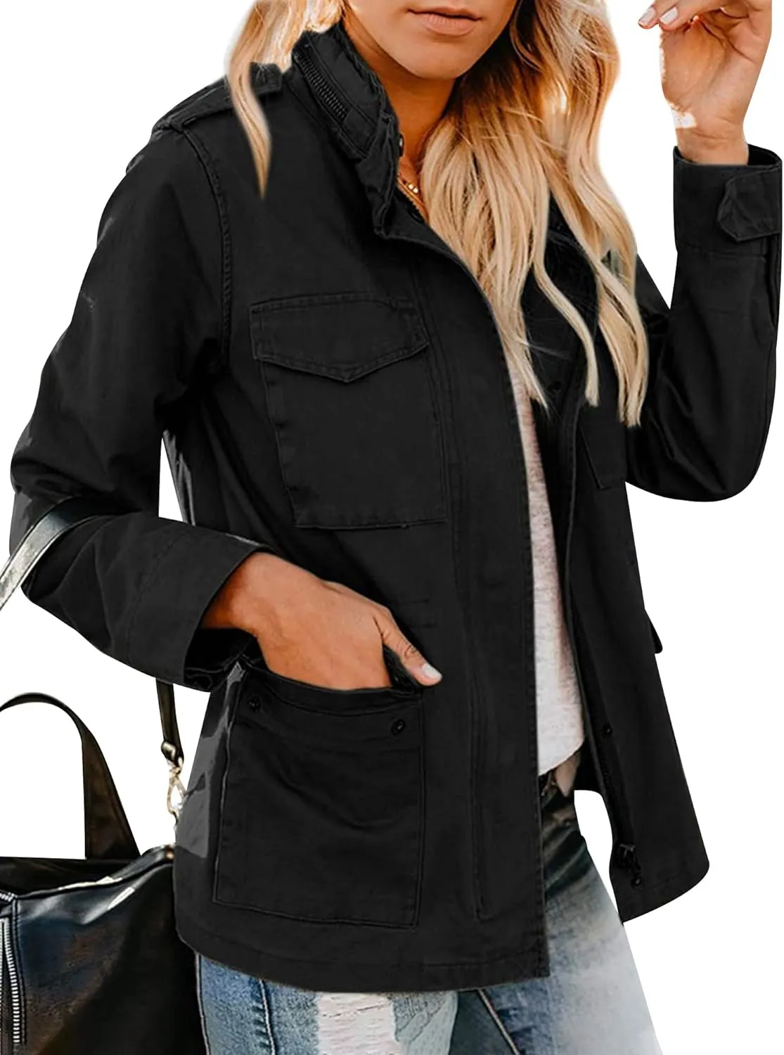 Ytfsrukp Womens Military Jacket Zip Up Lightweight Utility Anorak Jackets with Pockets Slim Trench Military Outwear Coat