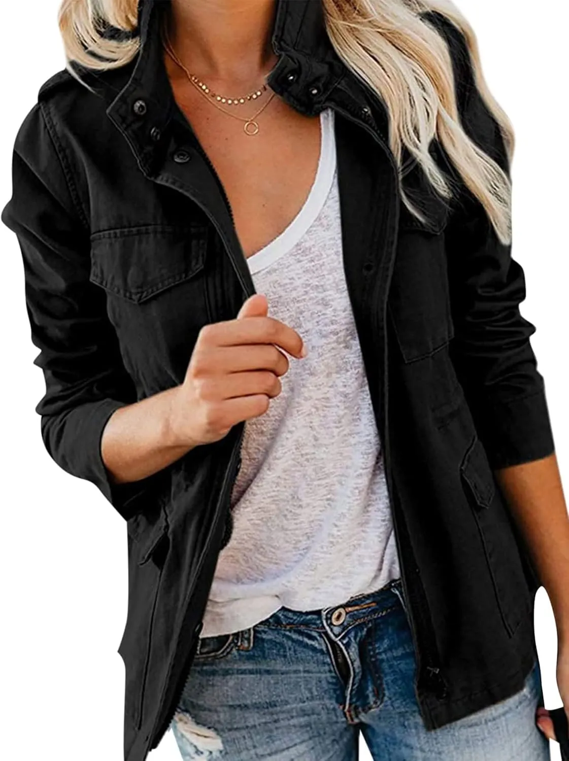 Ytfsrukp Womens Military Jacket Zip Up Lightweight Utility Anorak Jackets with Pockets Slim Trench Military Outwear Coat